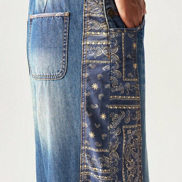 Medium Wash Casual Women's Woven Patchwork Wide-Leg Bib jumpsuit overall Pants - Picture 8 of 9